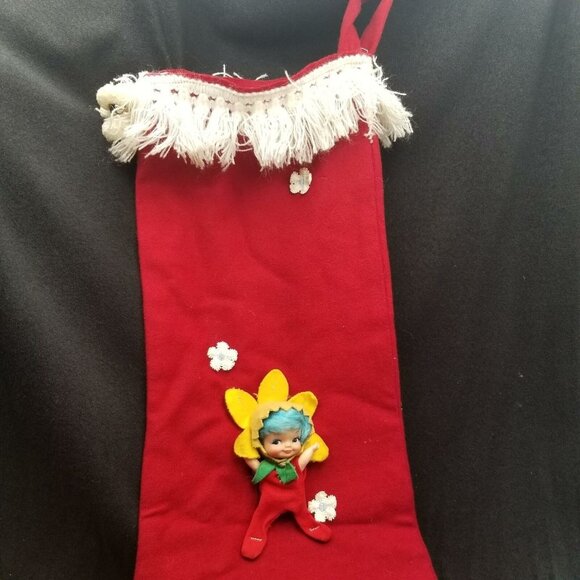Vintage 60s Kitsch Large Christmas Red Stocking Pixie Blue Hair Hat Bells - Picture 4 of 8